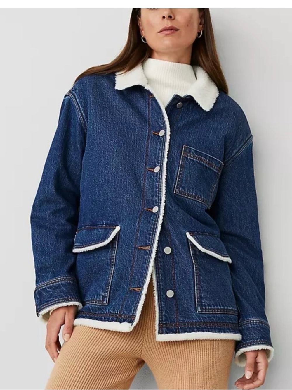 Ann Taylor Sherpa-Lined Dark Blue Denim Jacket with Cream Fur